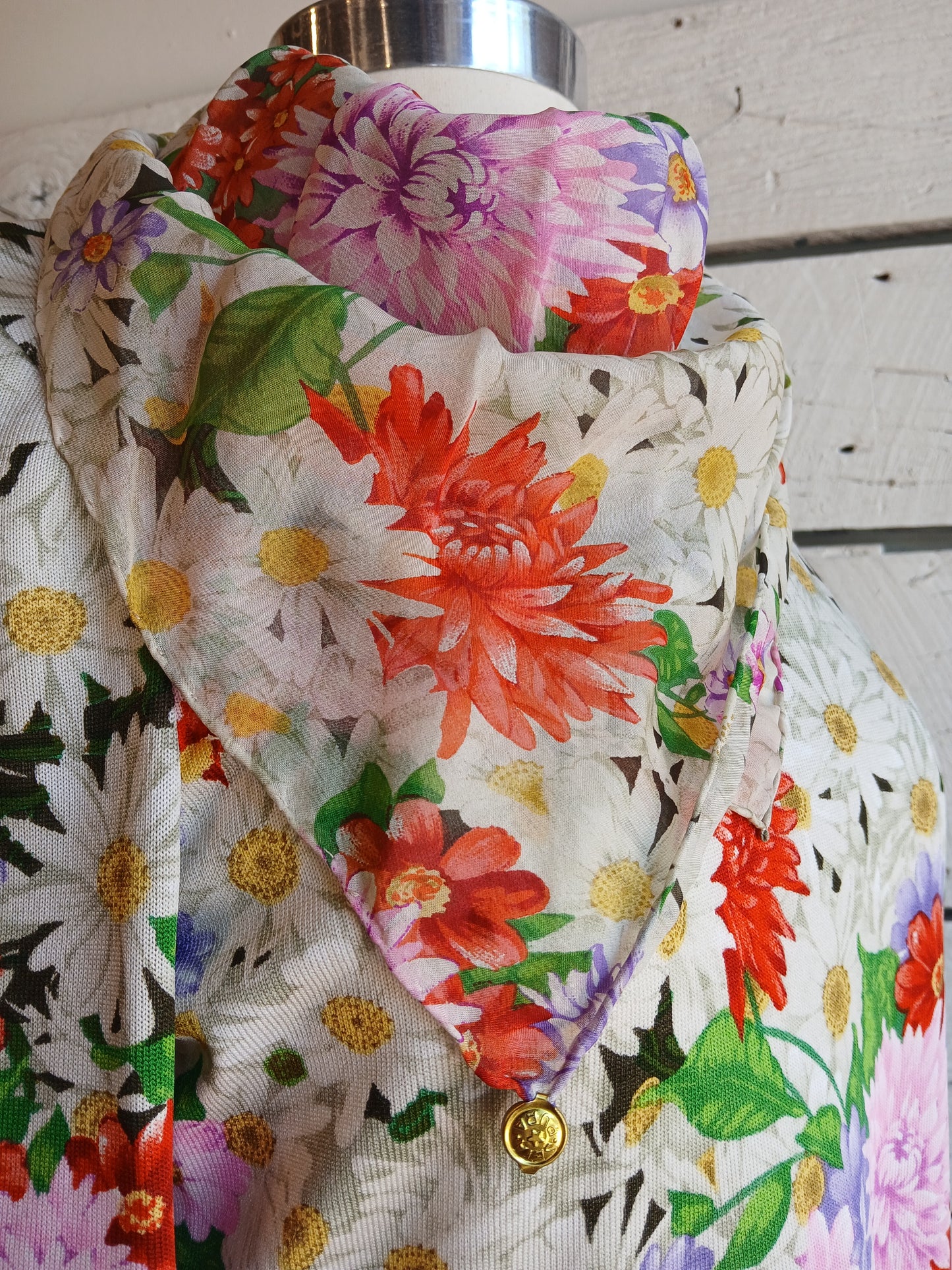 1970s Goldworm Floral Knit Dress with matching scarf
