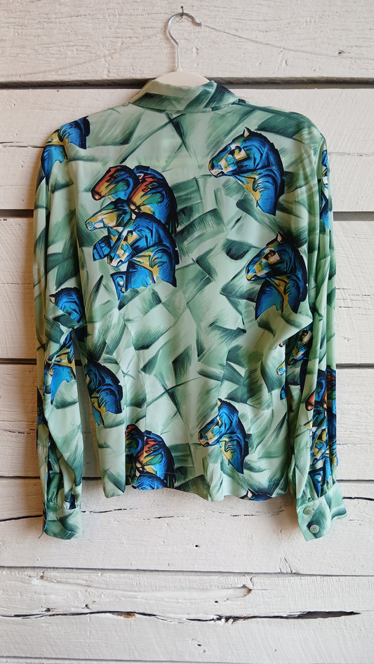 1990s Green Stained Glass Horses Escada Blouse