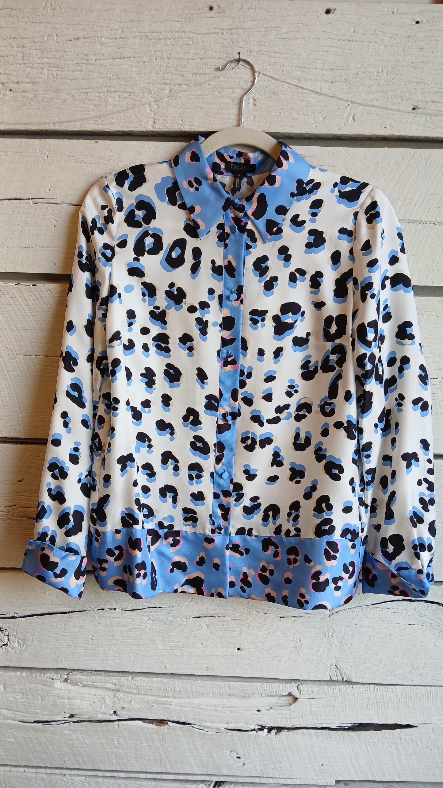 2000s Blue and White Leopard Print Escada Blouse