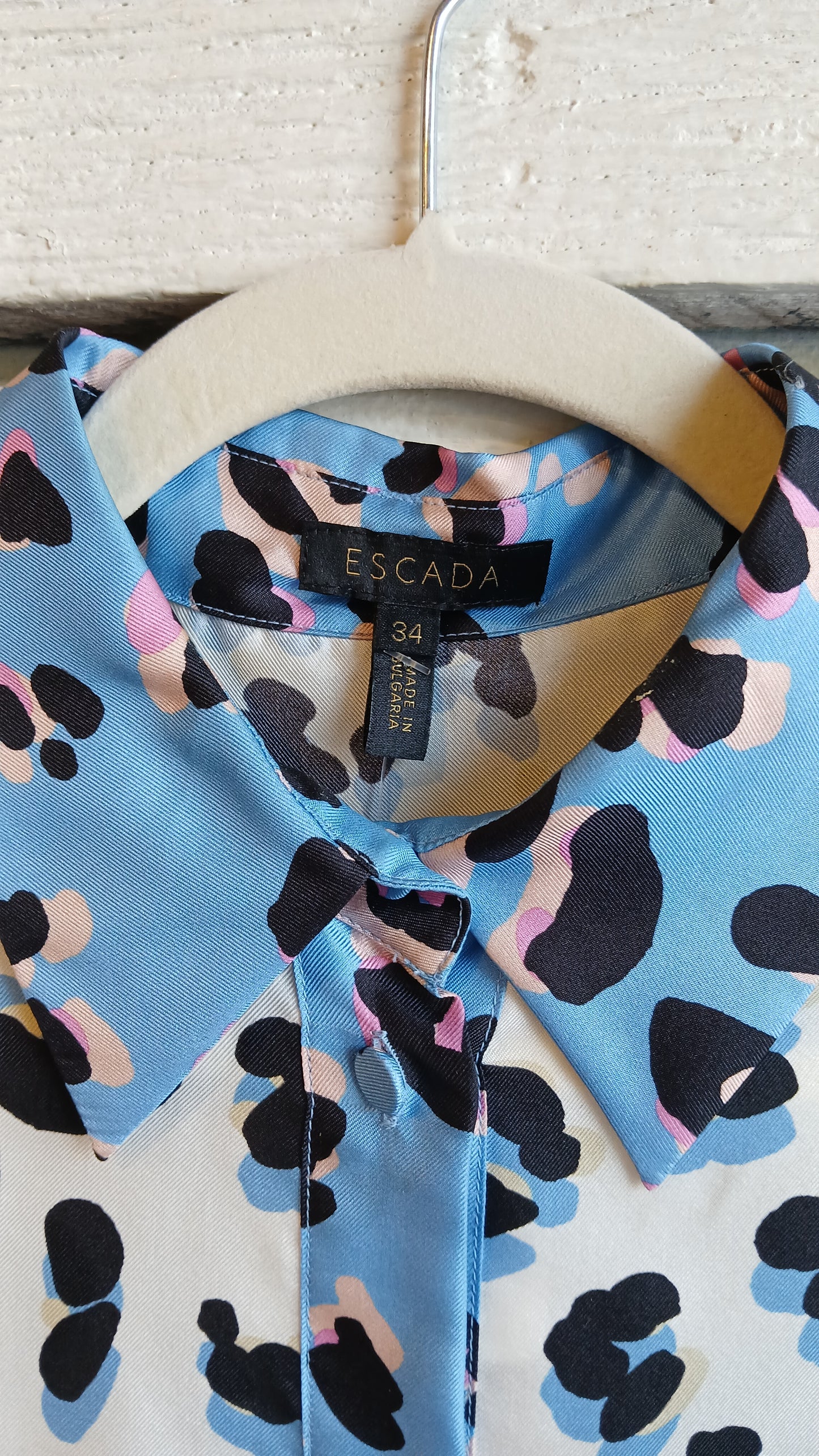 2000s Blue and White Leopard Print Escada Blouse