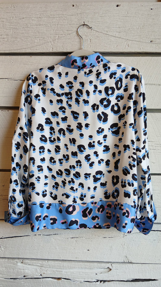 2000s Blue and White Leopard Print Escada Blouse