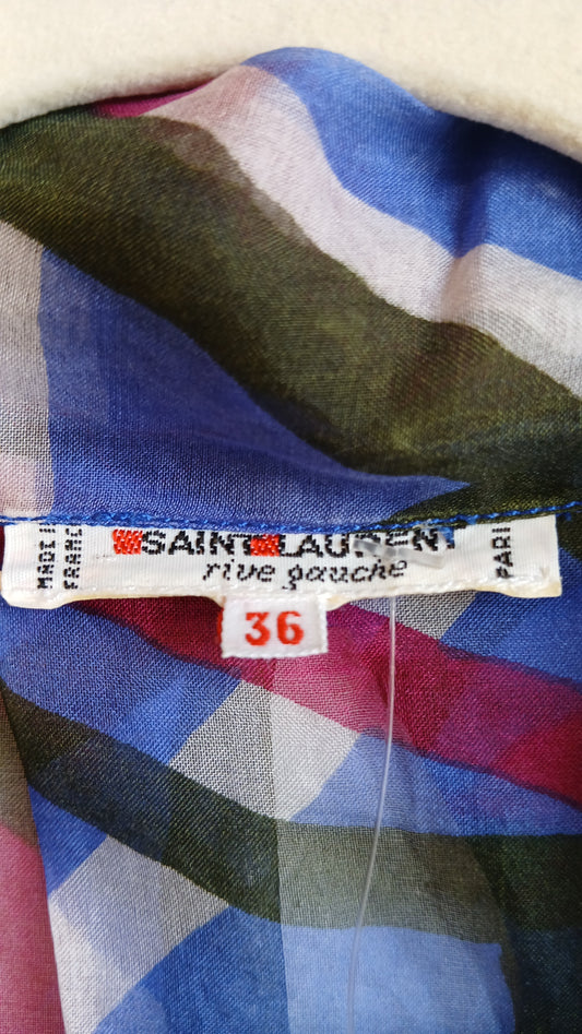 1970s YSL Silk Chiffon Blue Abstract Print Blouse