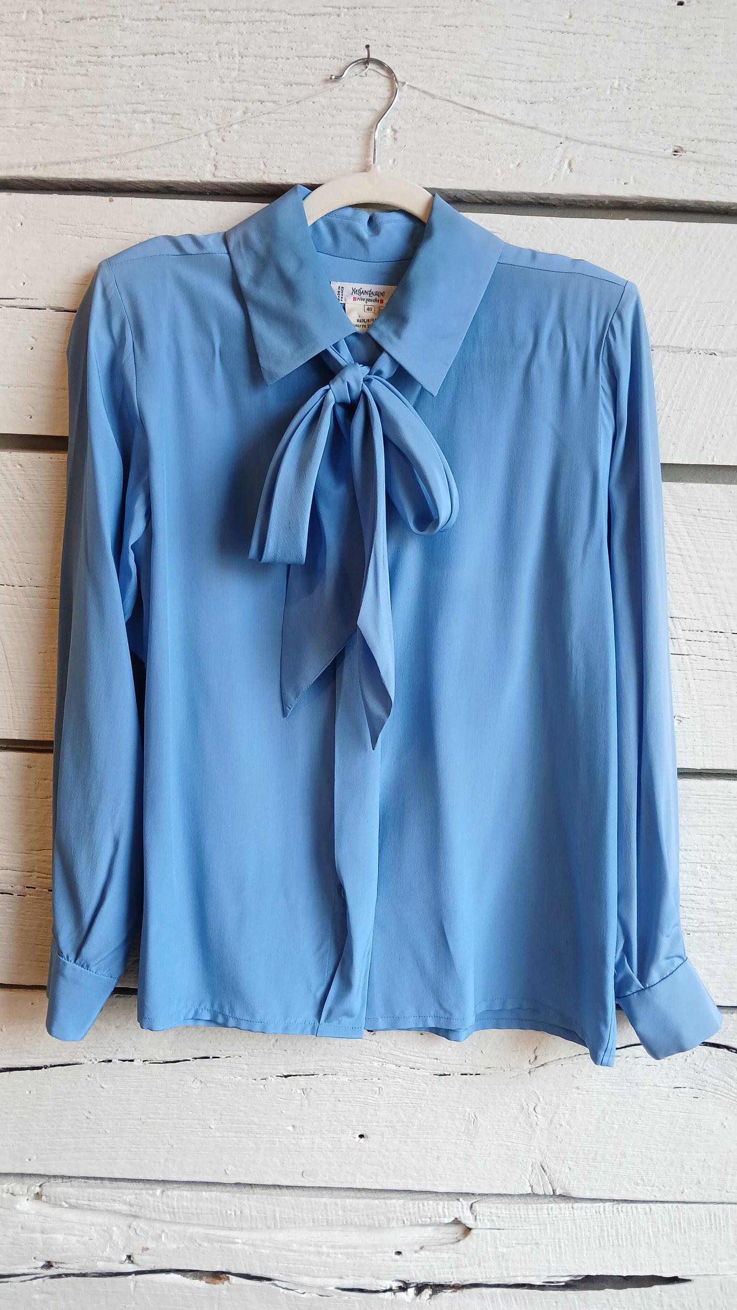 1980s YSL Baby Blue Pussy Bow Blouse