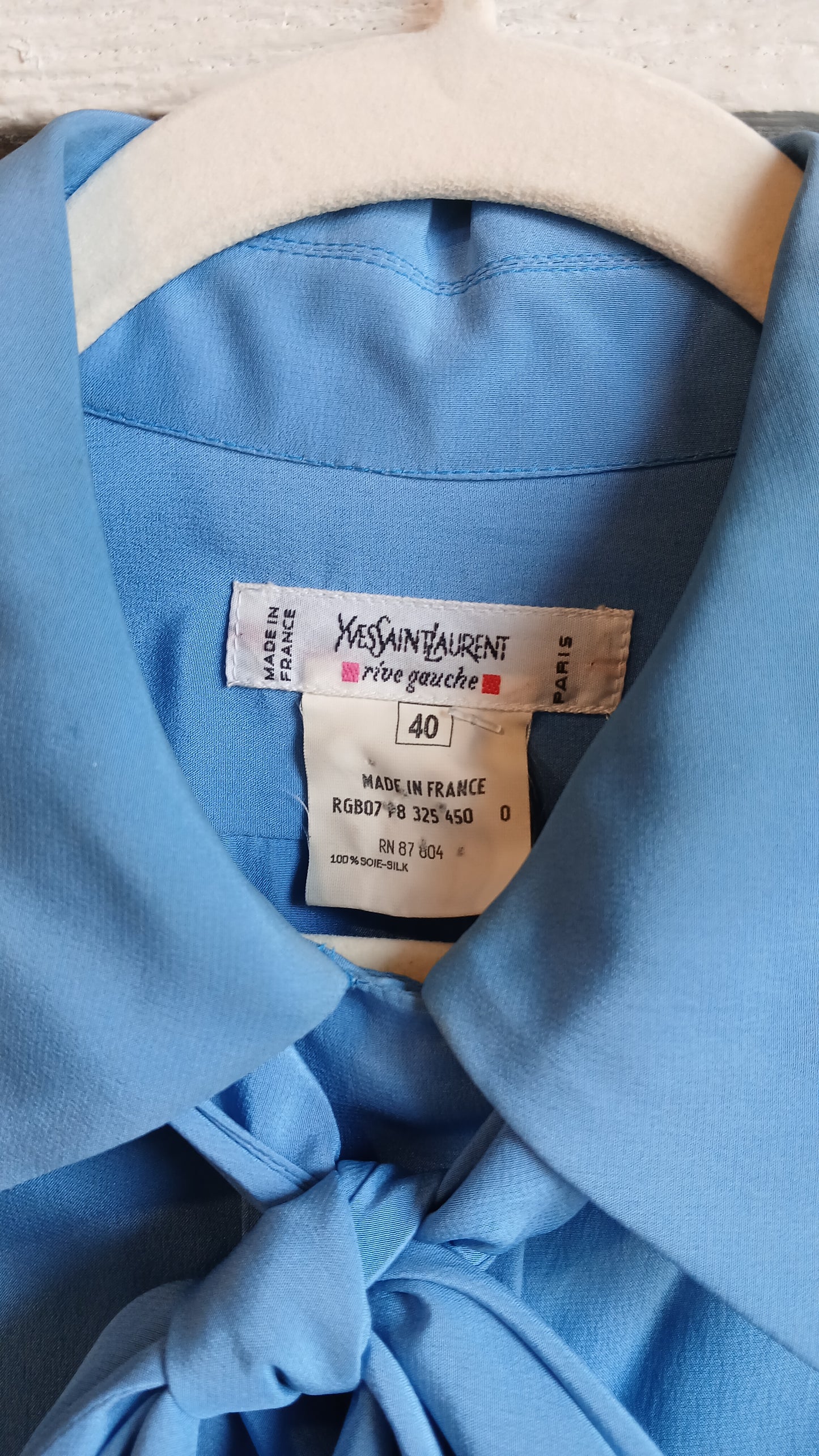 1980s YSL Baby Blue Pussy Bow Blouse