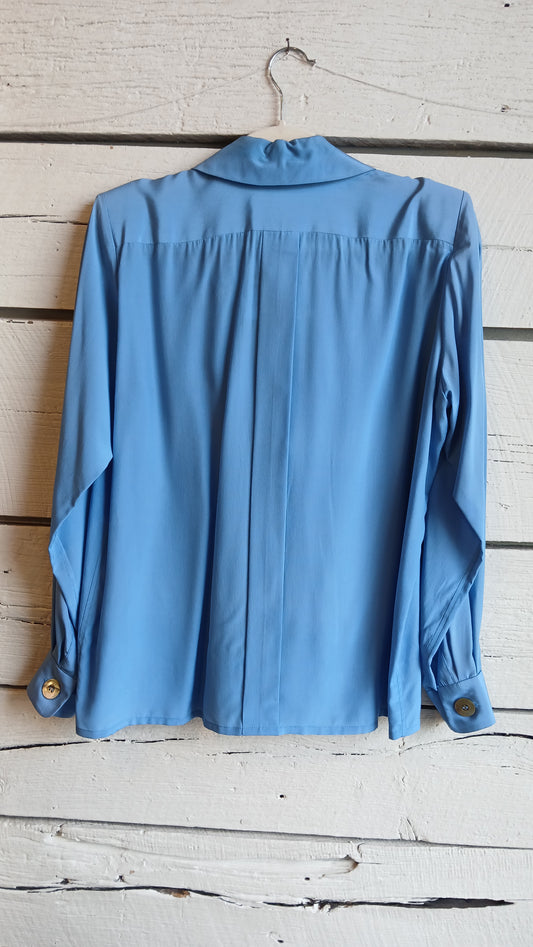 1980s YSL Baby Blue Pussy Bow Blouse