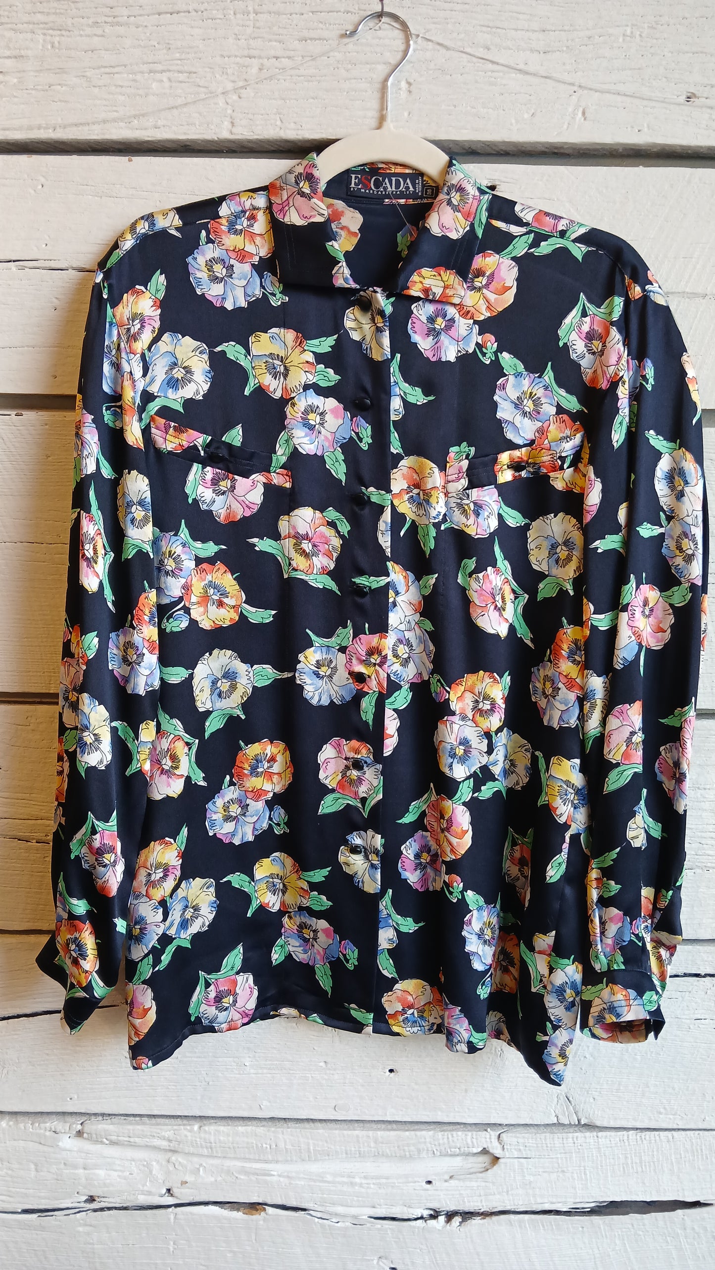 1980s Black Floral Print Escada Blouse