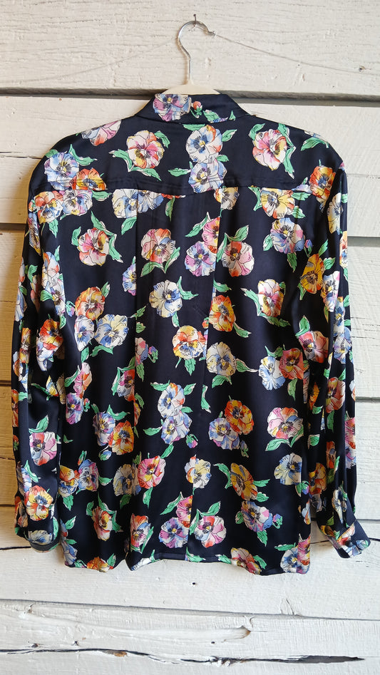 1980s Black Floral Print Escada Blouse