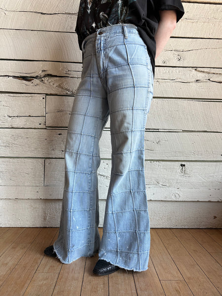 Print Patchwork Bell Bottom Denim Pants