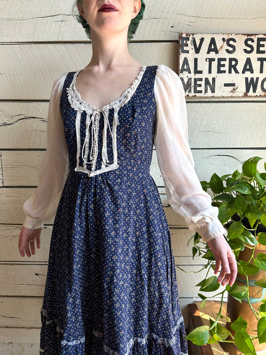 1970s Gunne Sax navy blue dress