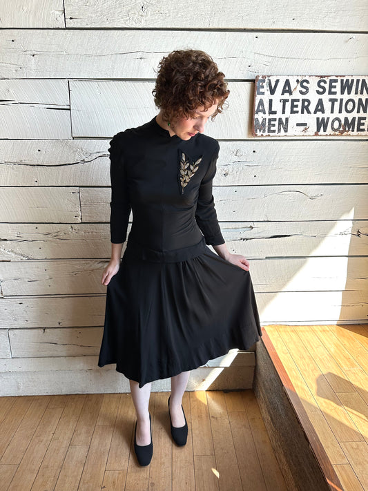 1940s black dress with appliqué