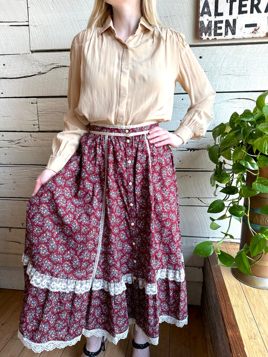 1970s Gunne Sax burgundy cotton skirt