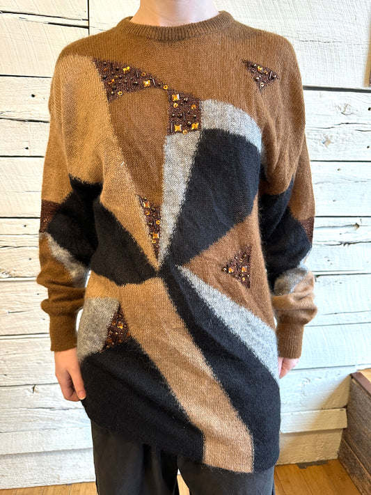 1980s Escada multicolored geometric and bedazzled sweater