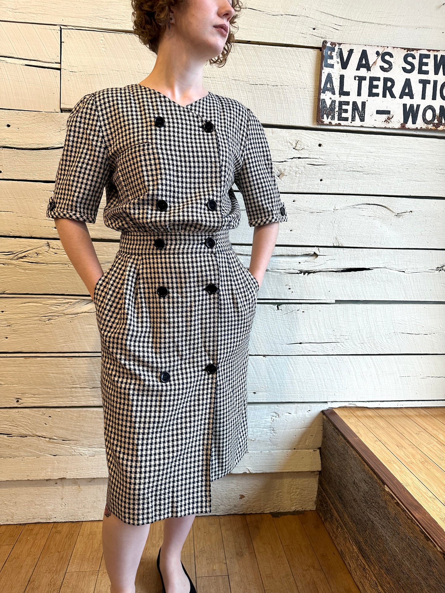 1980s Valentino navy and white houndstooth dress
