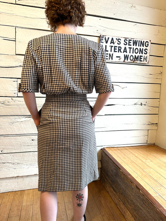 1980s Valentino navy and white houndstooth dress