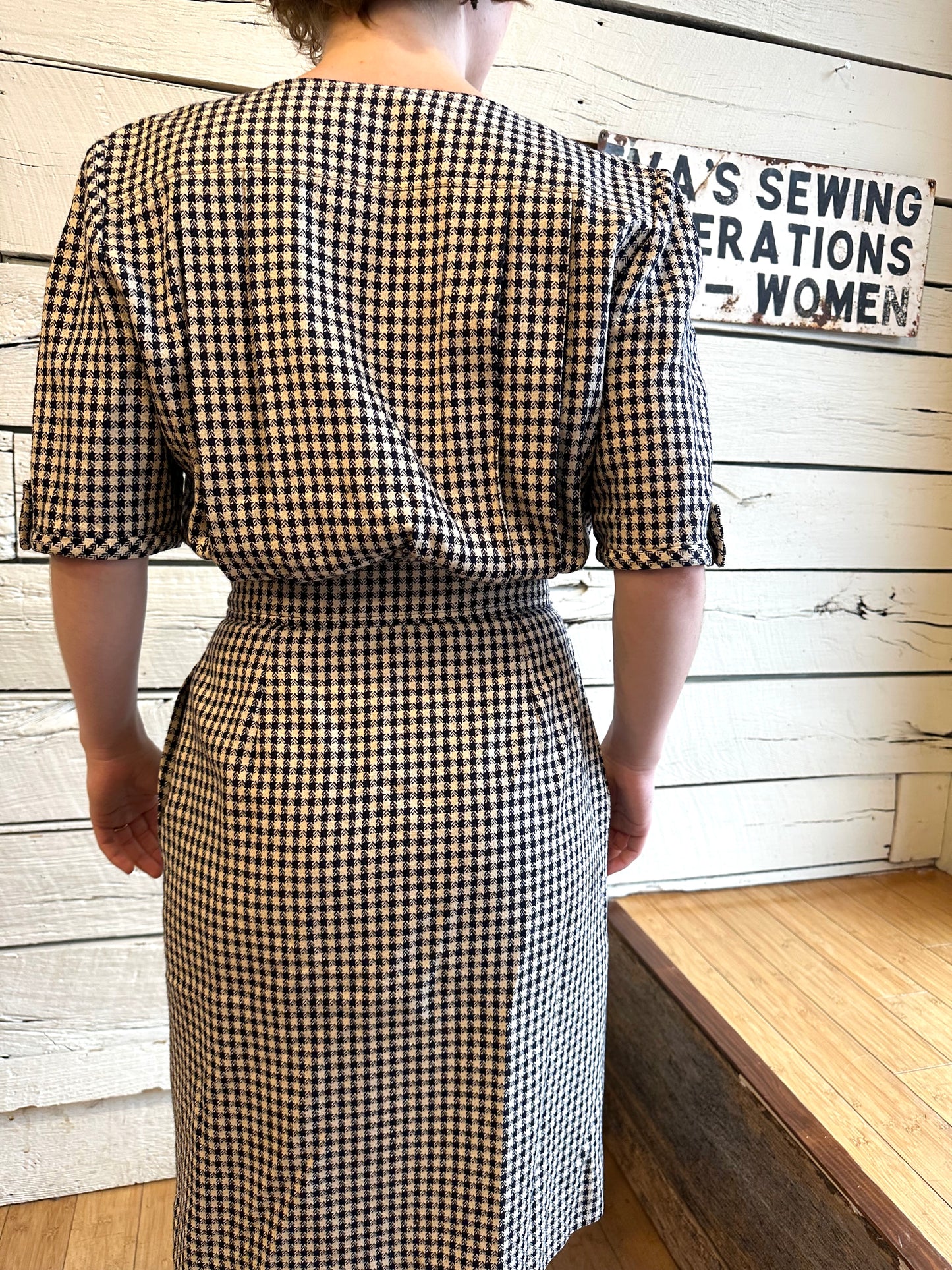 1980s Valentino navy and white houndstooth dress