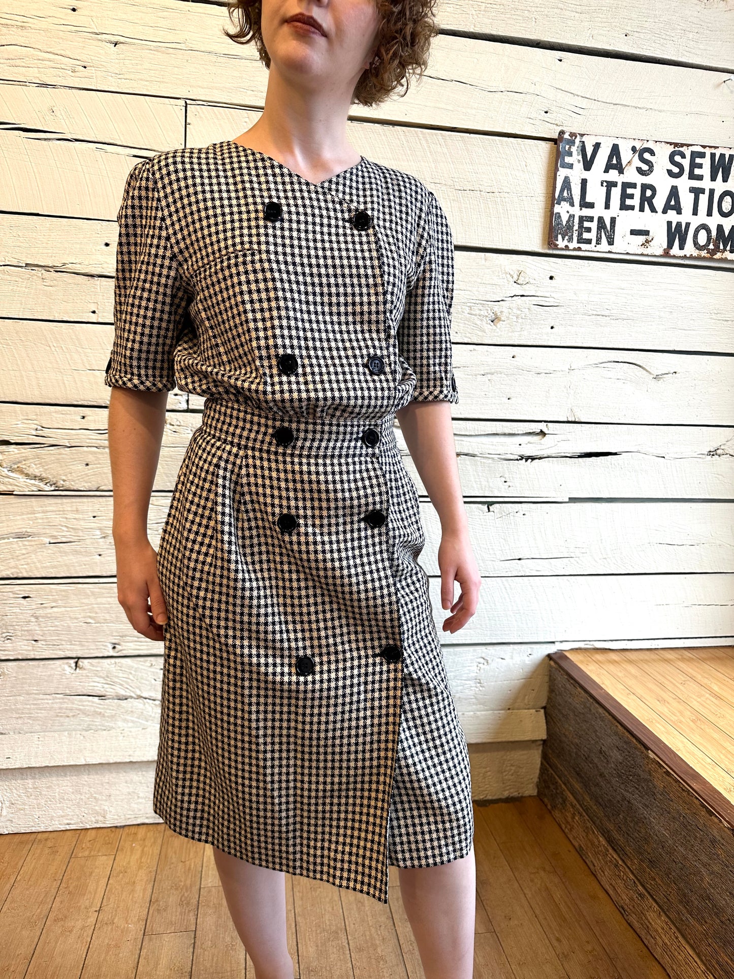 1980s Valentino navy and white houndstooth dress