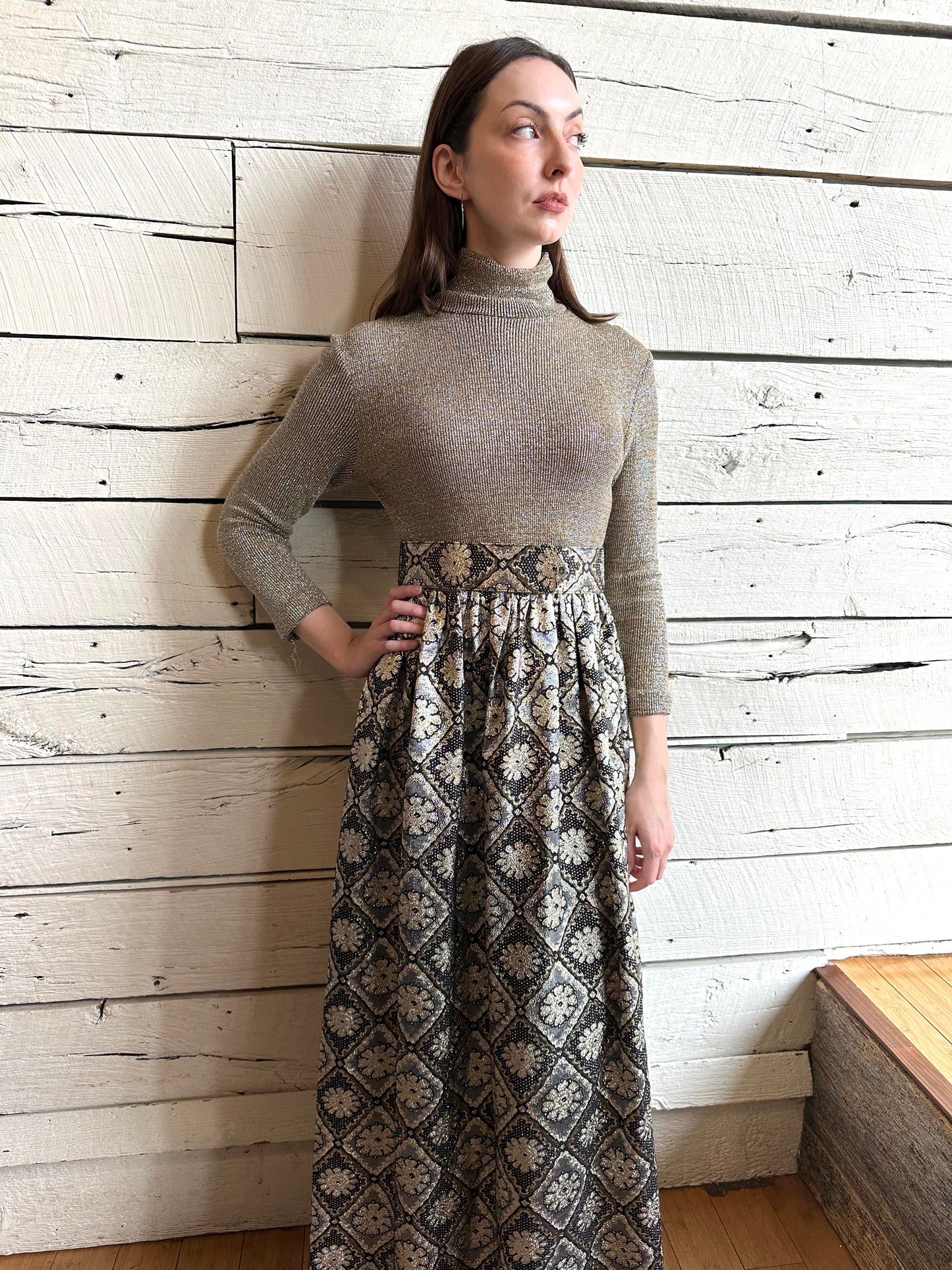 1970s black and gold metallic mock neck dress