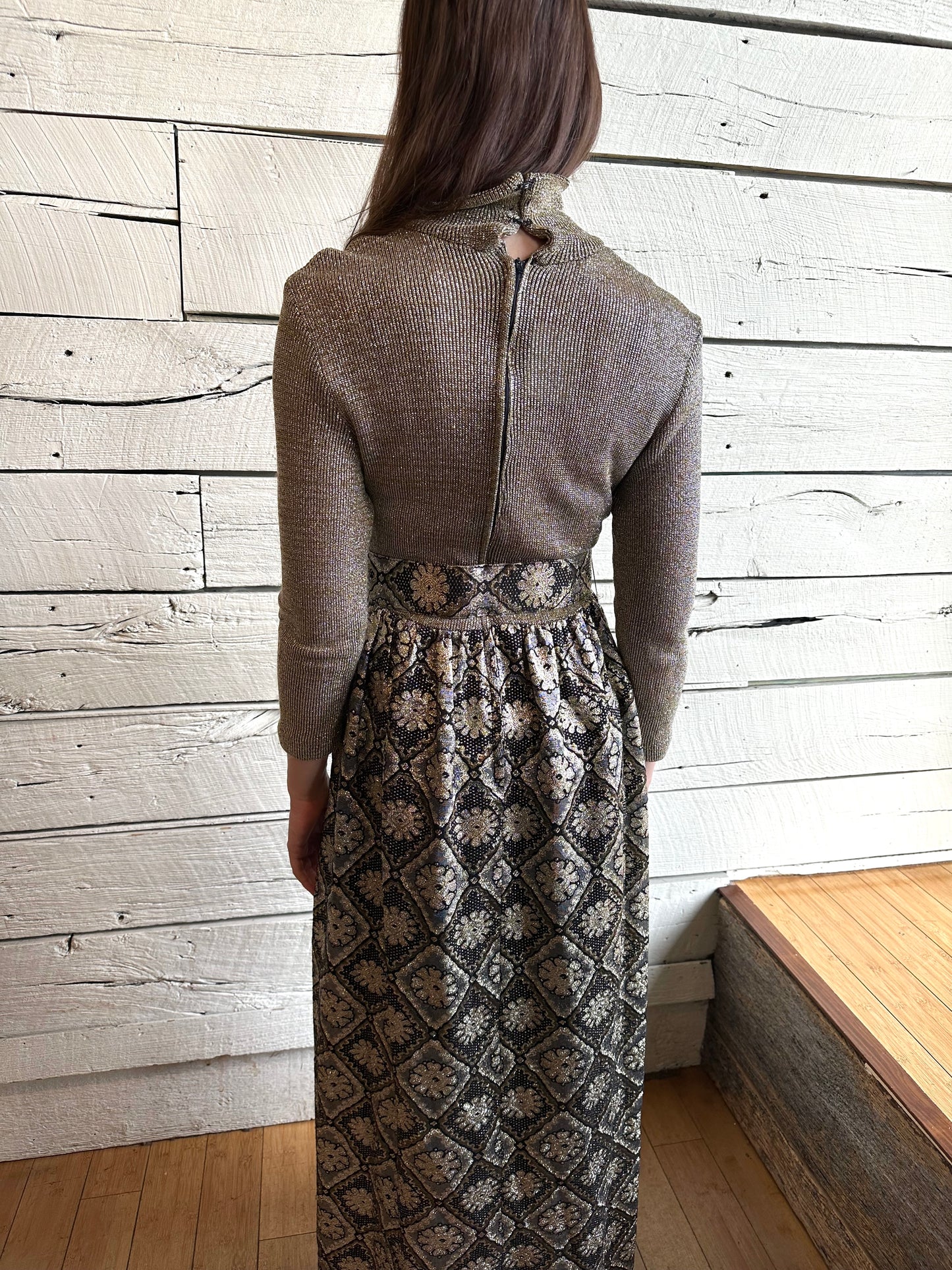 1970s black and gold metallic mock neck dress