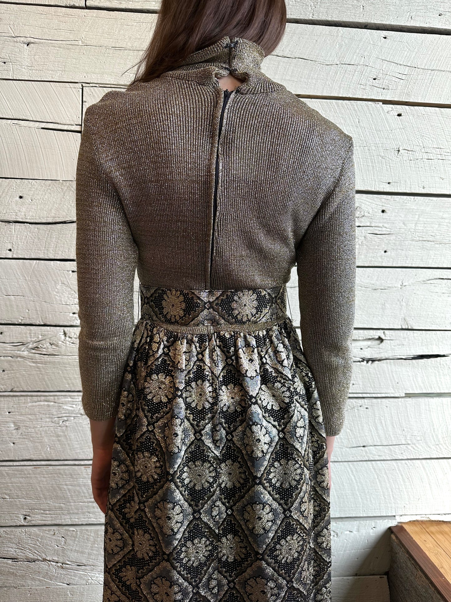 1970s black and gold metallic mock neck dress