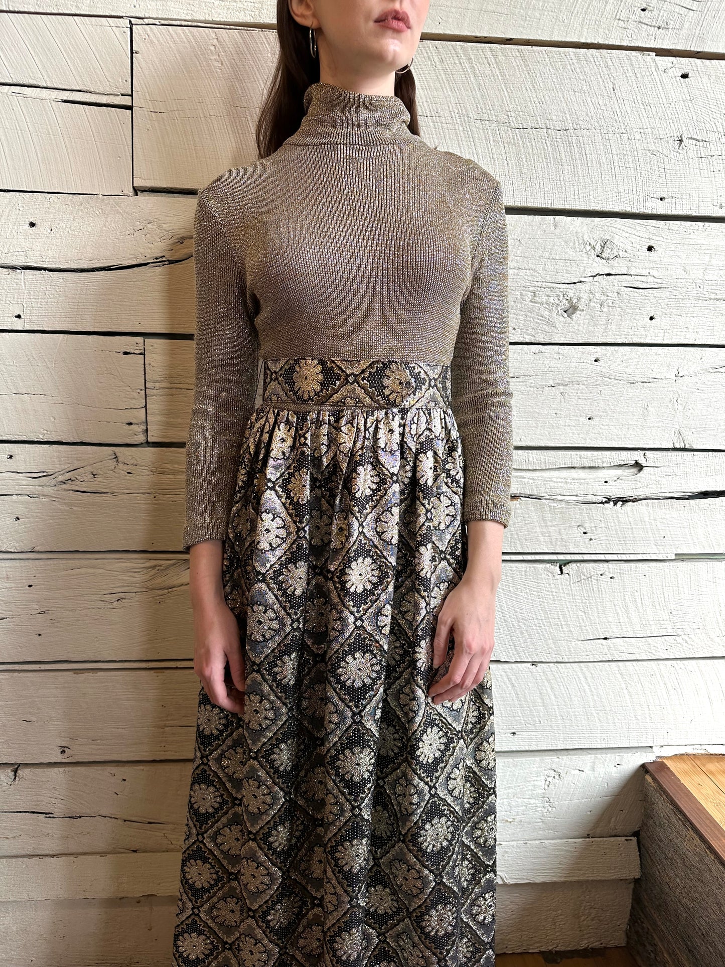 1970s black and gold metallic mock neck dress