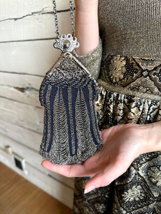 1920s navy and silver beaded bag