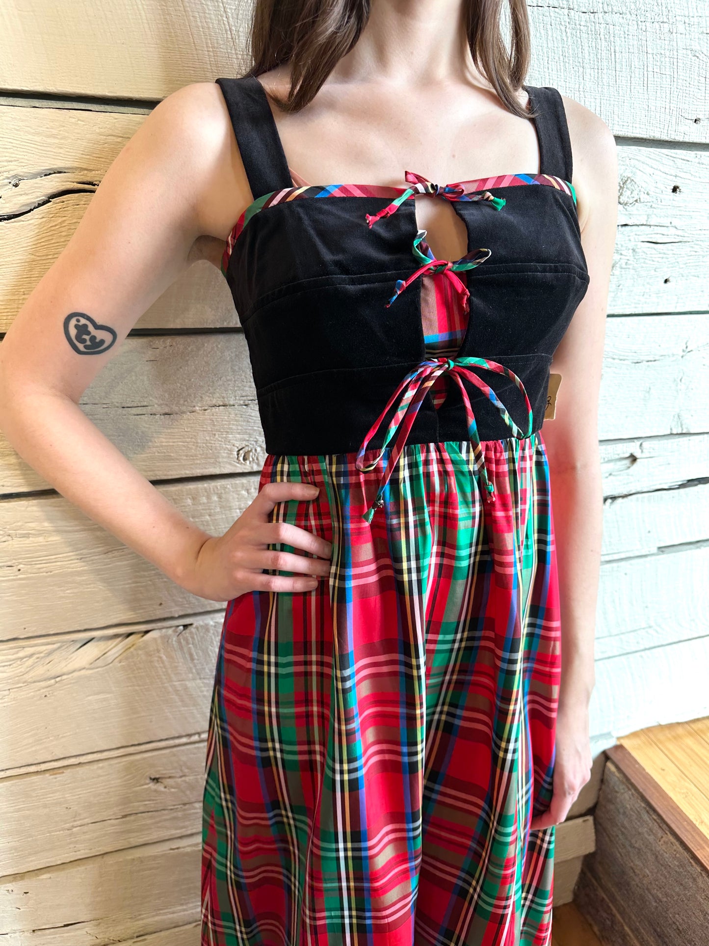 1970s Lanz deadstock velvet and plaid dress