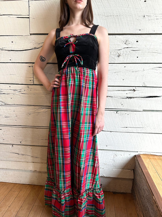 1970s Lanz deadstock velvet and plaid dress