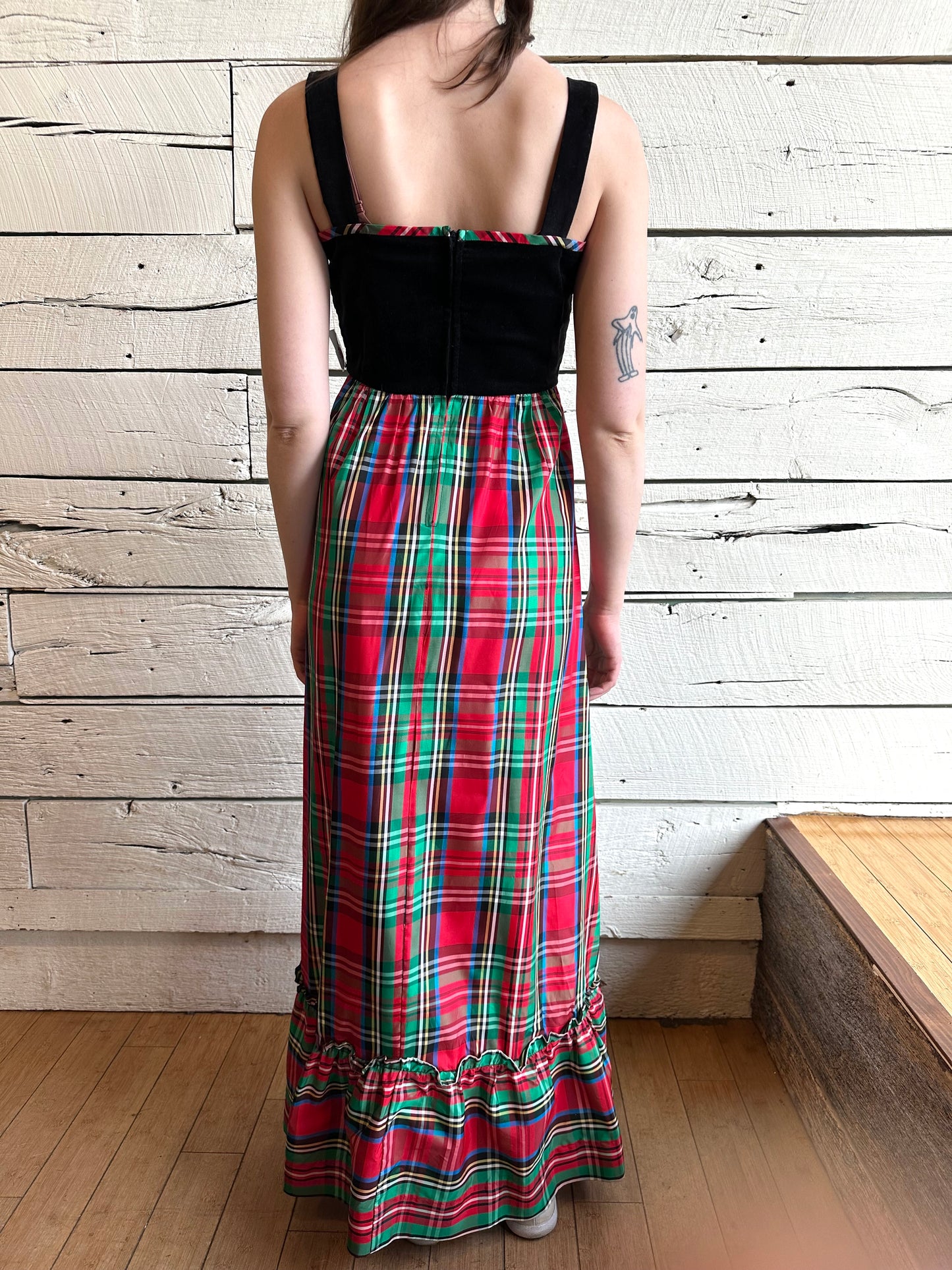 1970s Lanz deadstock velvet and plaid dress