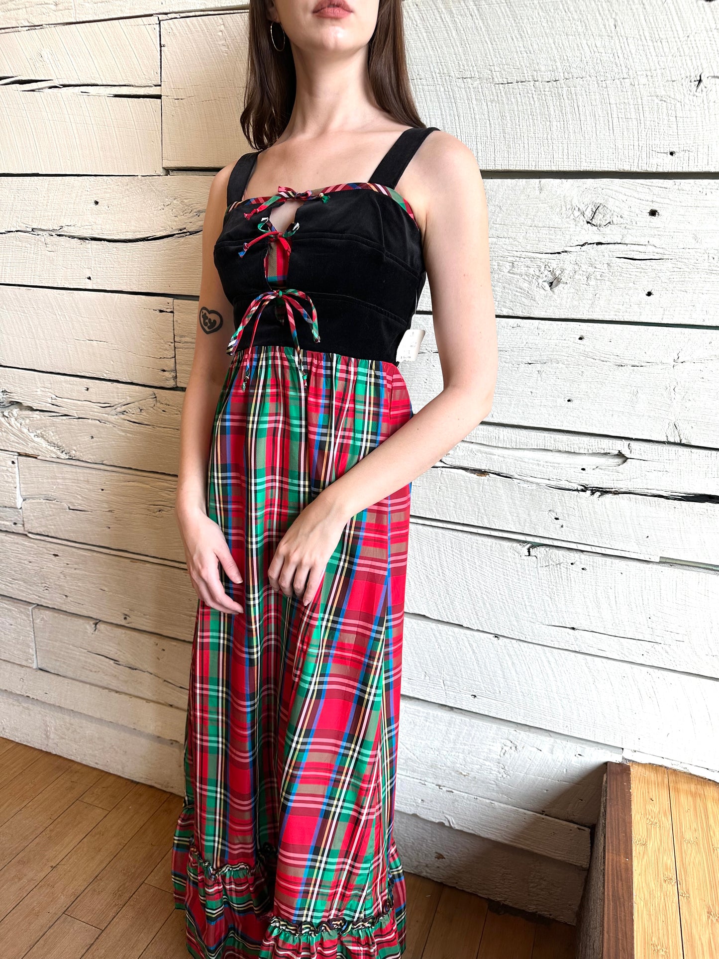 1970s Lanz deadstock velvet and plaid dress