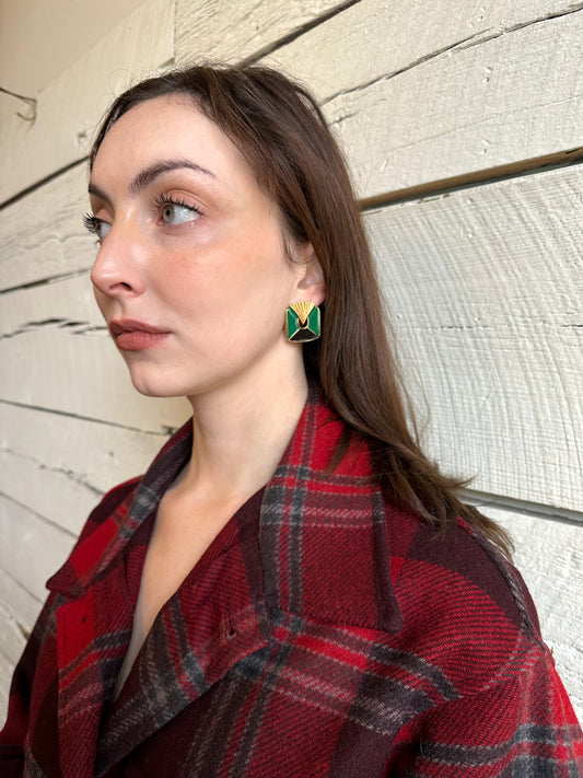 1980s green, black, and gold deco earrings