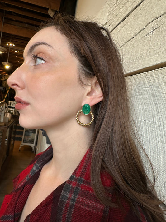 1980s green and gold doorknocker earrings