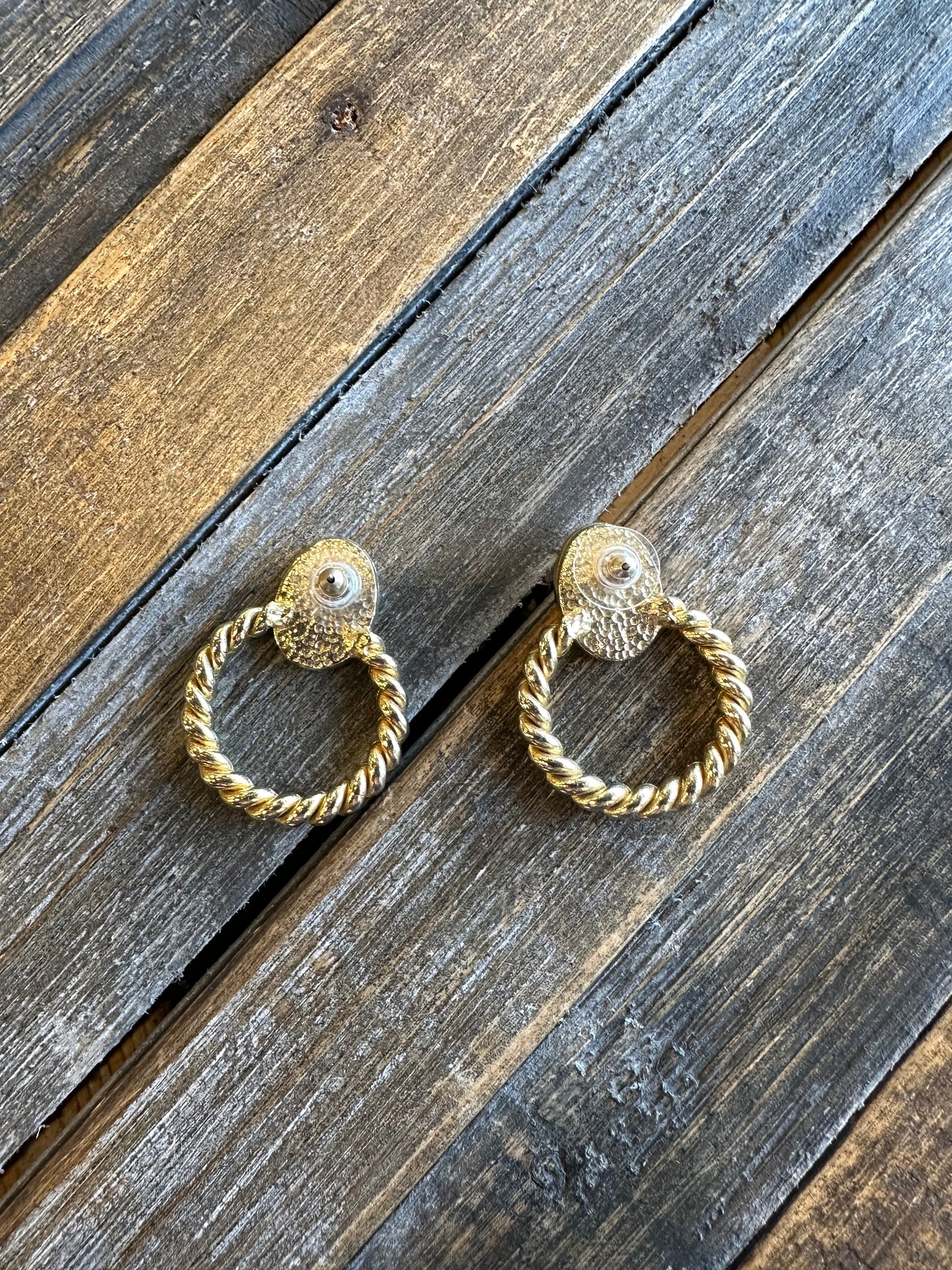 1980s green and gold doorknocker earrings