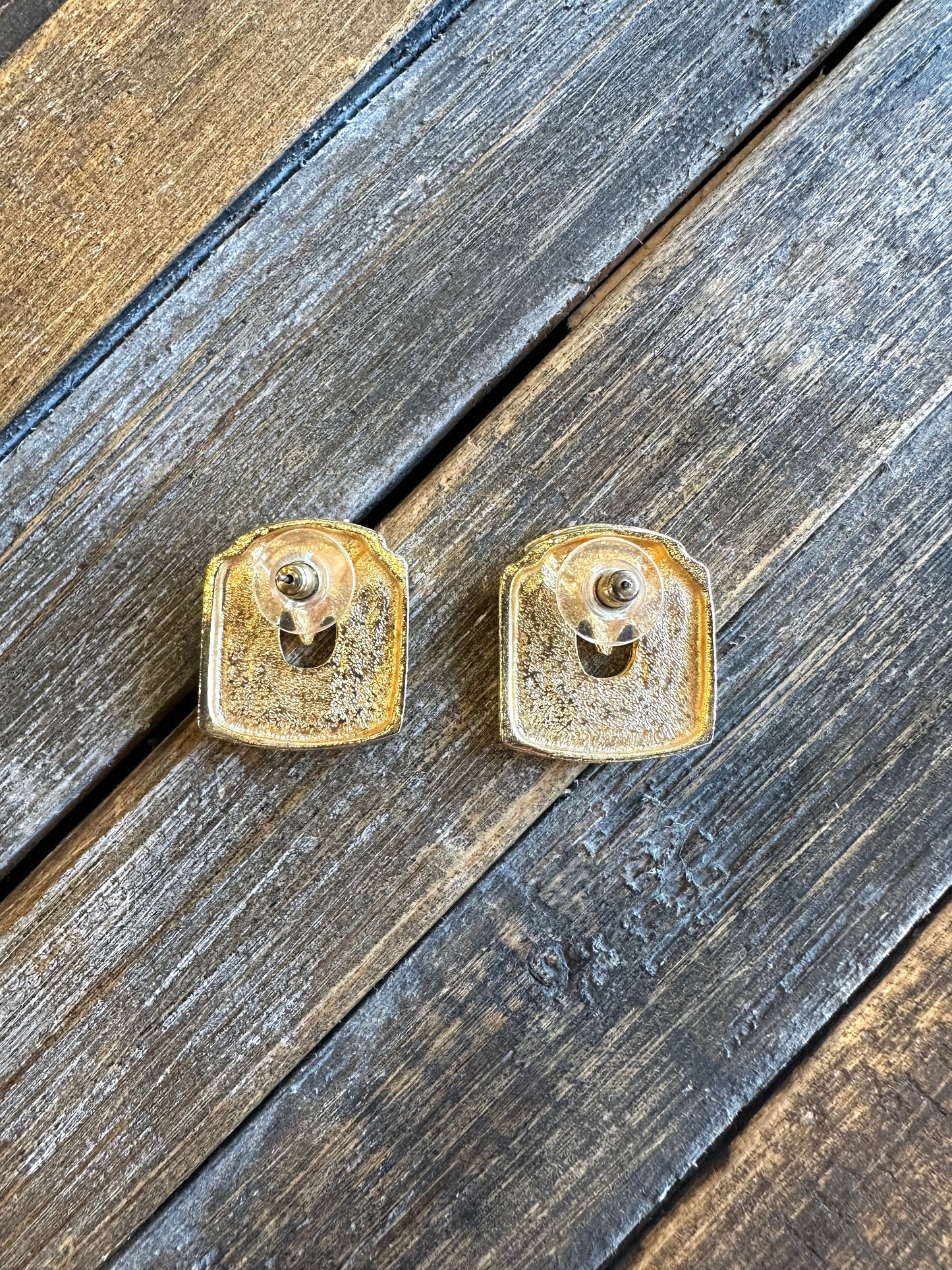 1980s green, black, and gold deco earrings