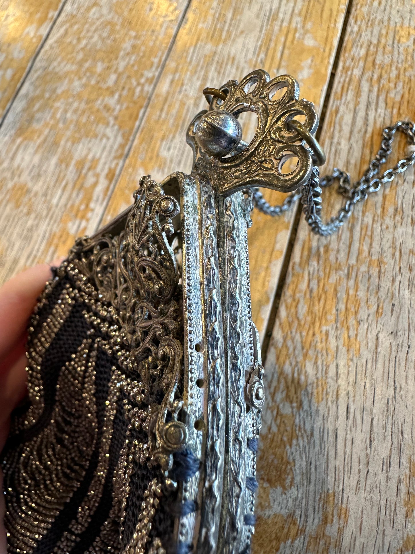 1920s navy and silver beaded bag