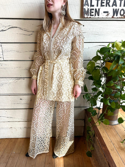 Late 1960s gold and white flower brocade two-piece set by Sodi