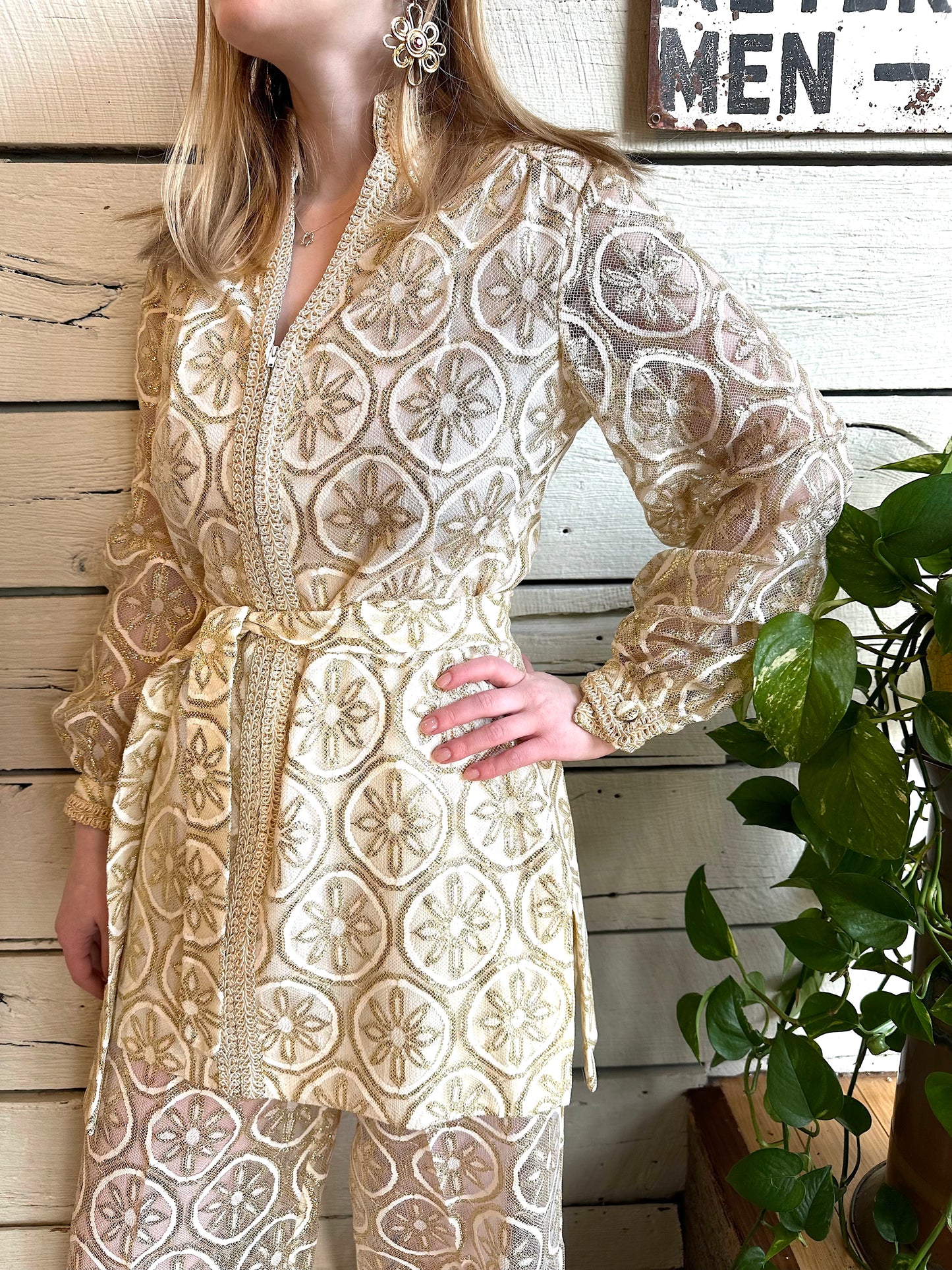 Late 1960s gold and white flower brocade two-piece set by Sodi