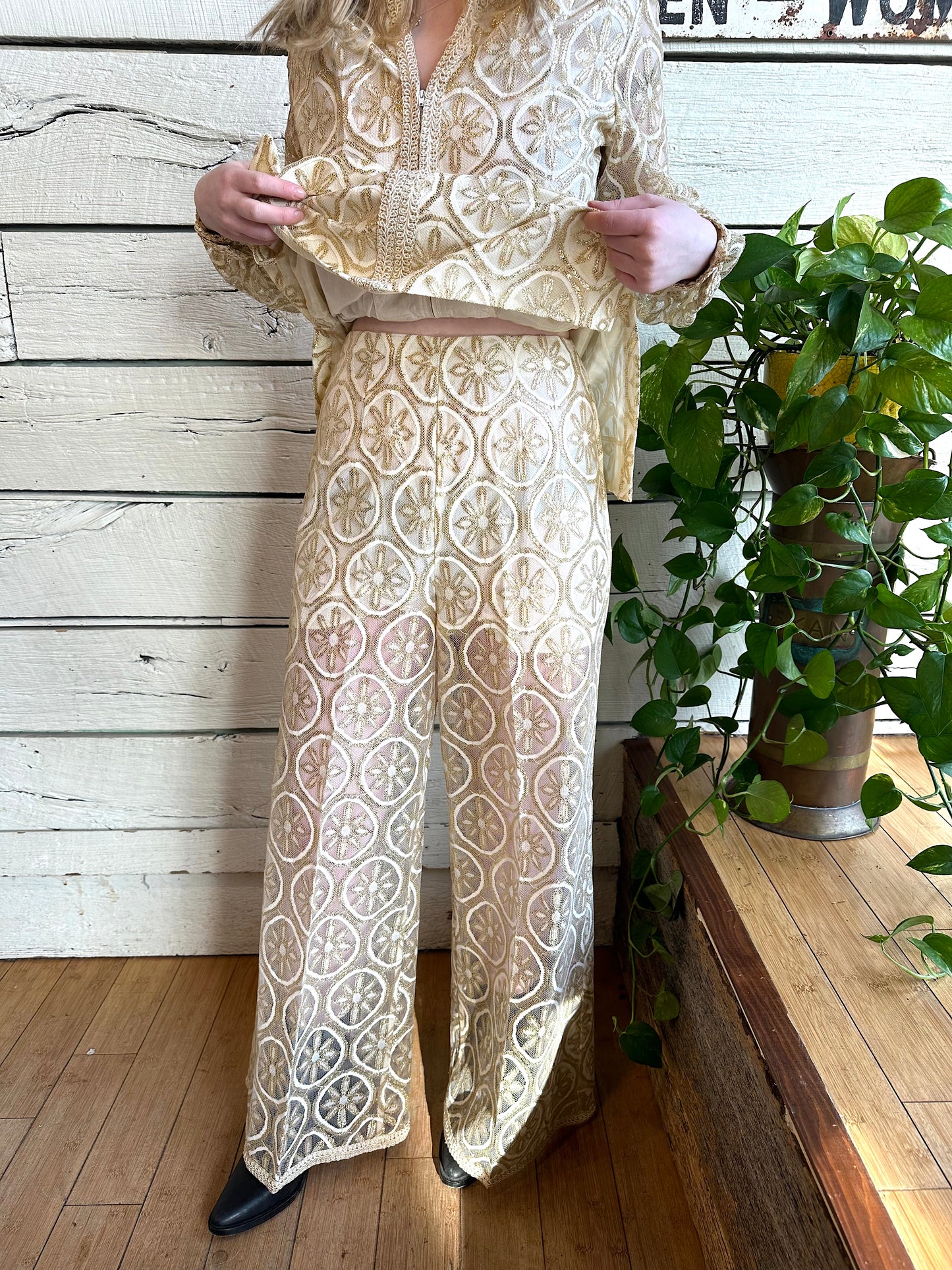 Late 1960s gold and white flower brocade two-piece set by Sodi
