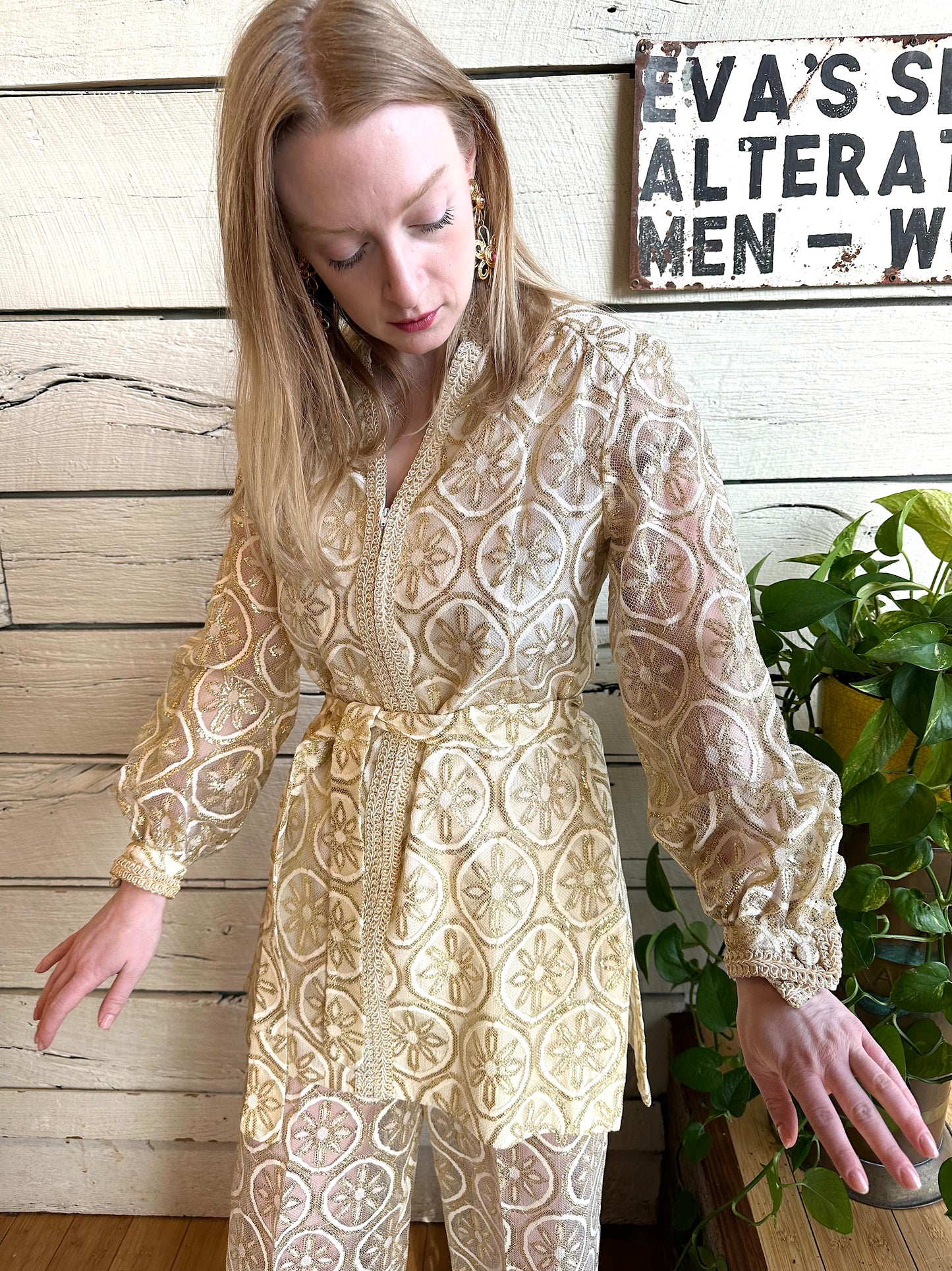 Late 1960s gold and white flower brocade two-piece set by Sodi