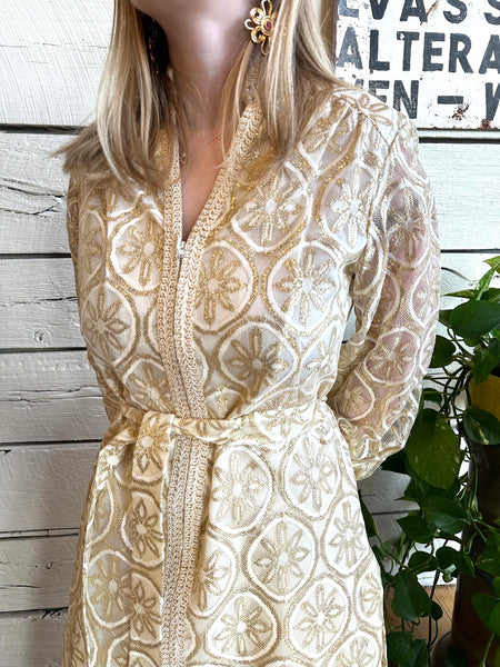 Late 1960s gold and white flower brocade two-piece set by Sodi