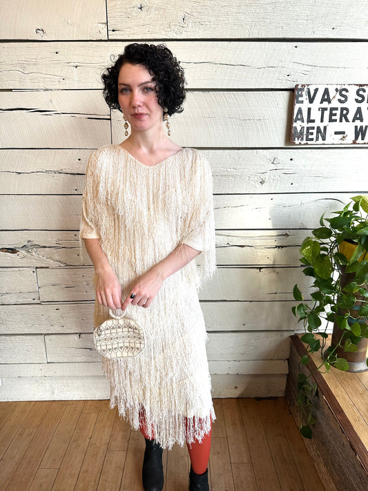 1980s cream fringe dress by Toula