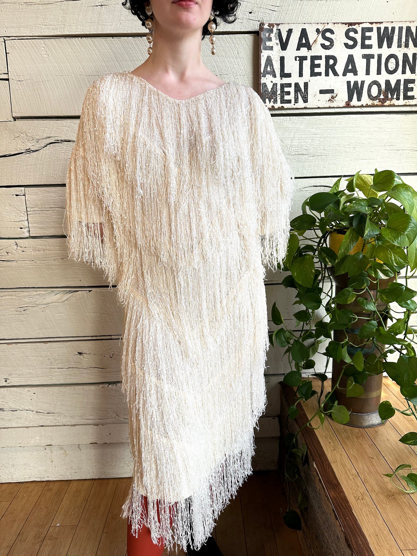 1980s cream fringe dress by Toula