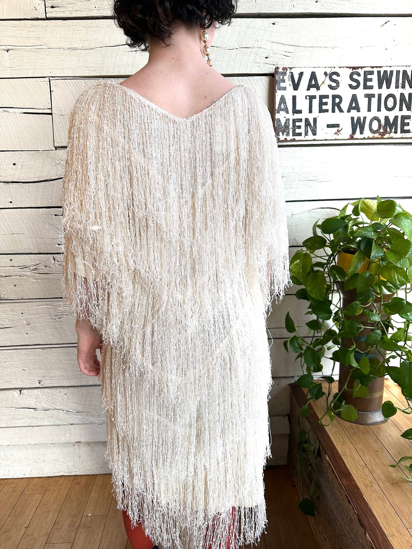 1980s cream fringe dress by Toula