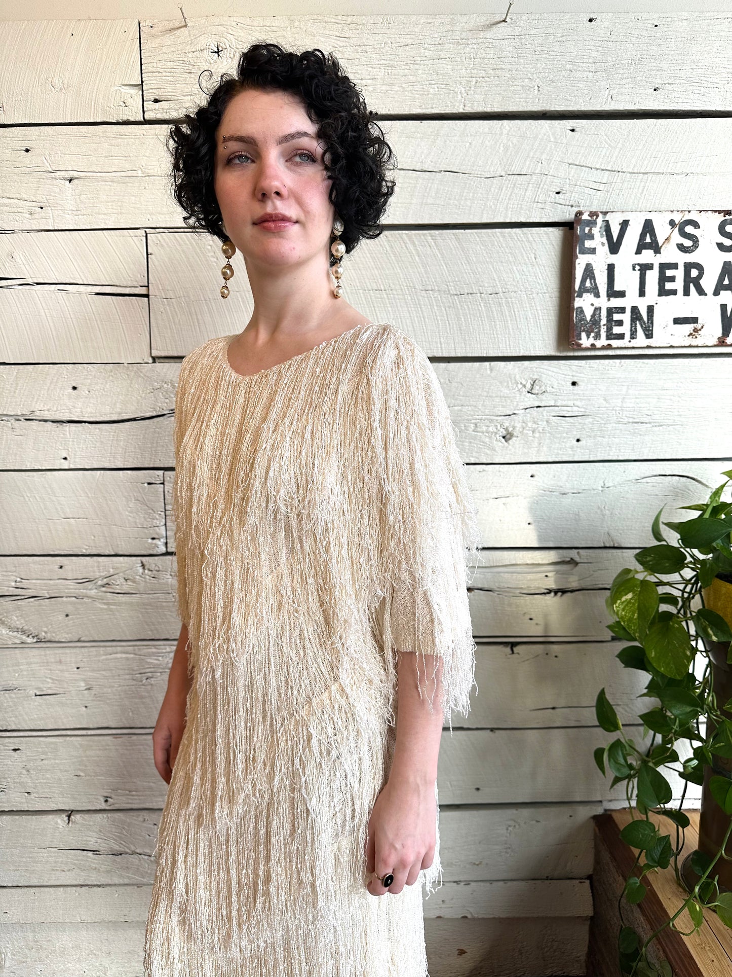 1980s cream fringe dress by Toula