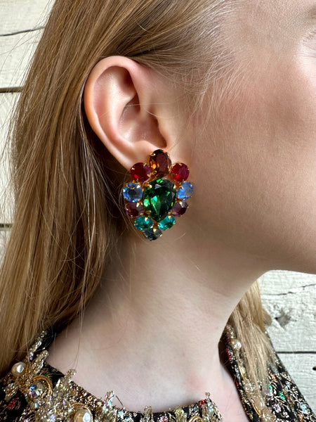 1960s rhinestone multicolored teardrop clip-on earrings