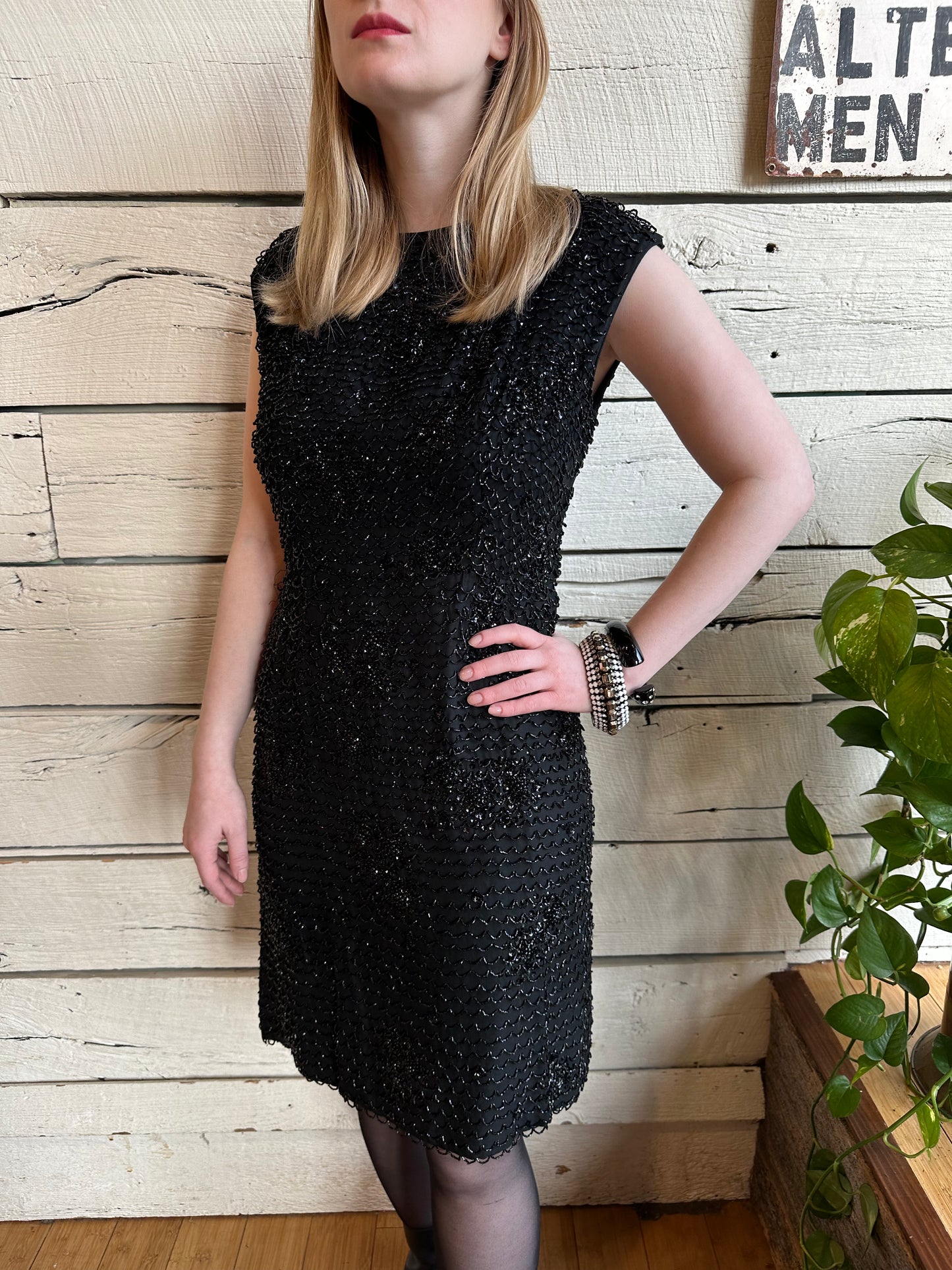 1960s black beaded dress by Royal Lynn