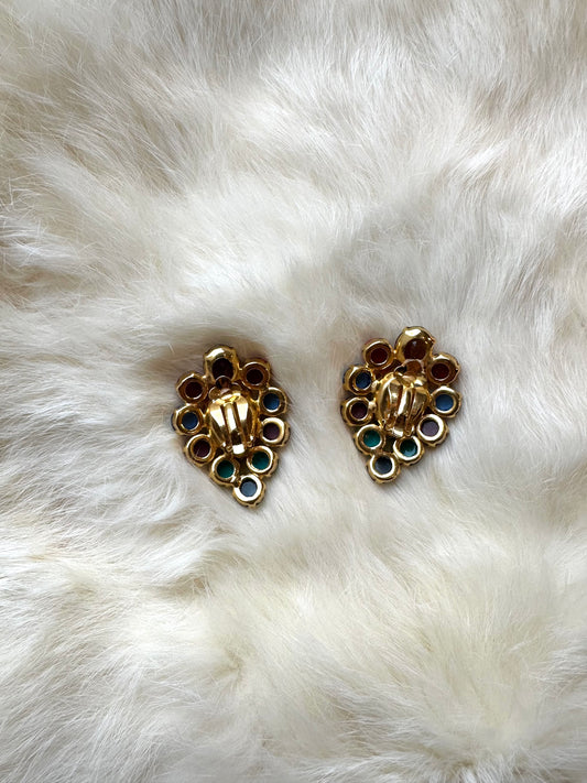 1960s rhinestone multicolored teardrop clip-on earrings