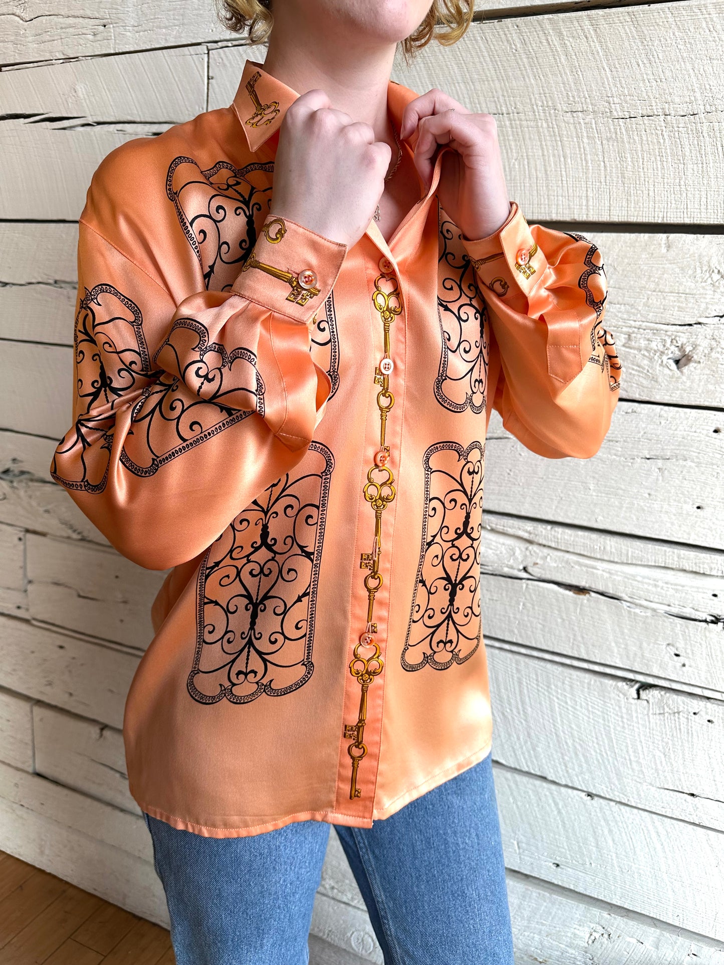 1980s Escada key print blouse