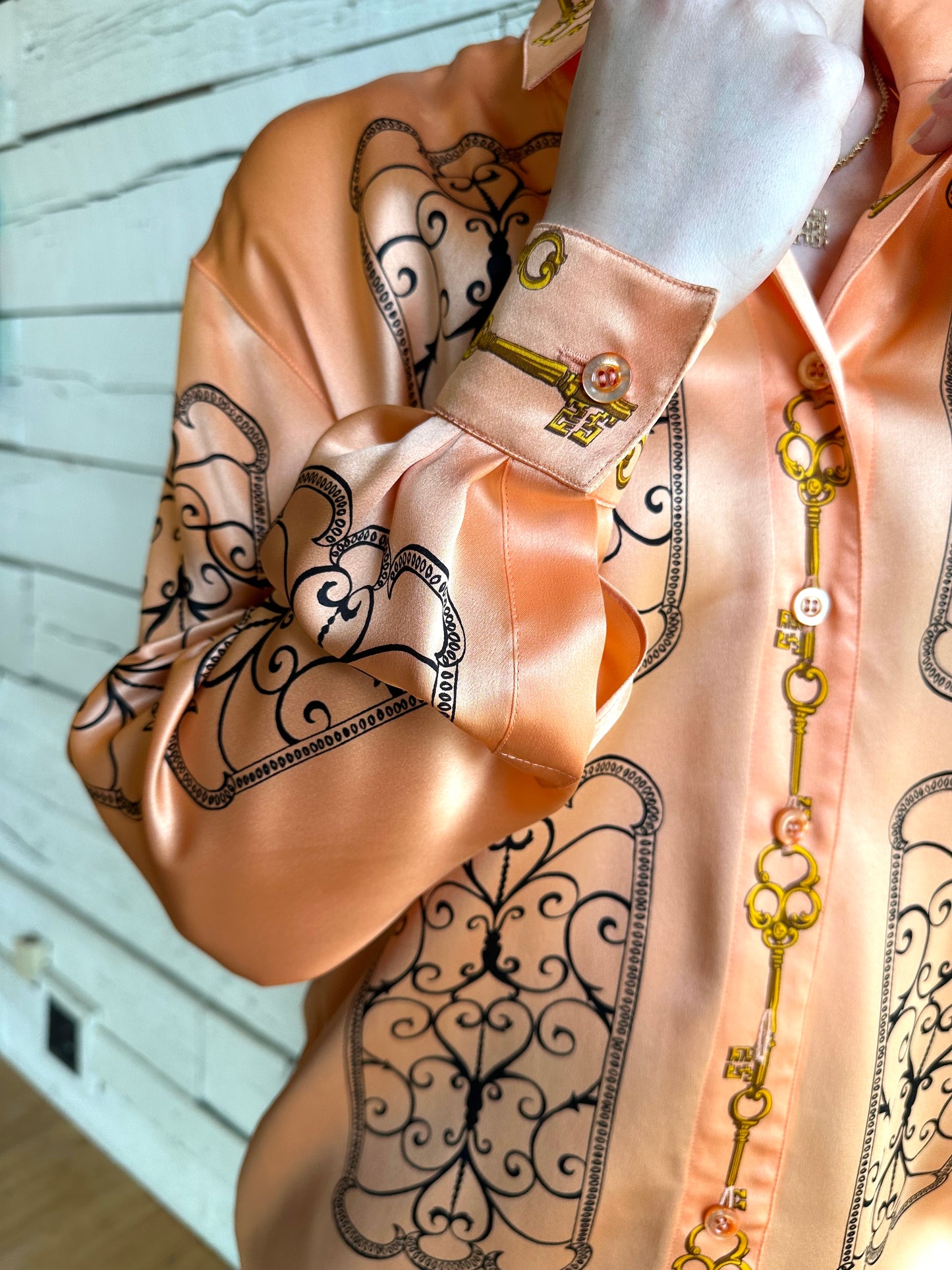 1980s Escada key print blouse