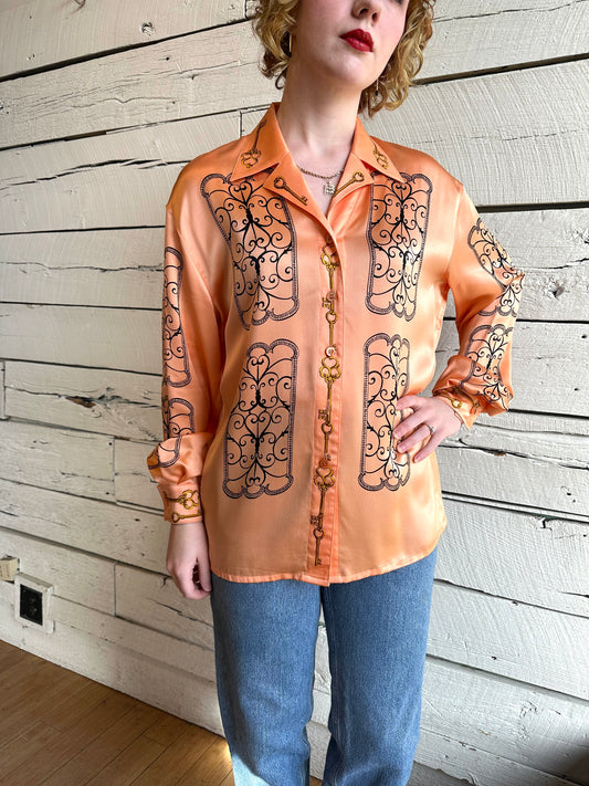 1980s Escada key print blouse