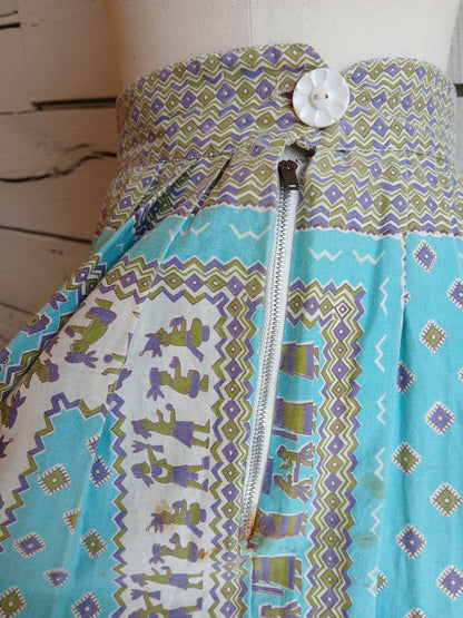 1950s Teal Aztec print skirt